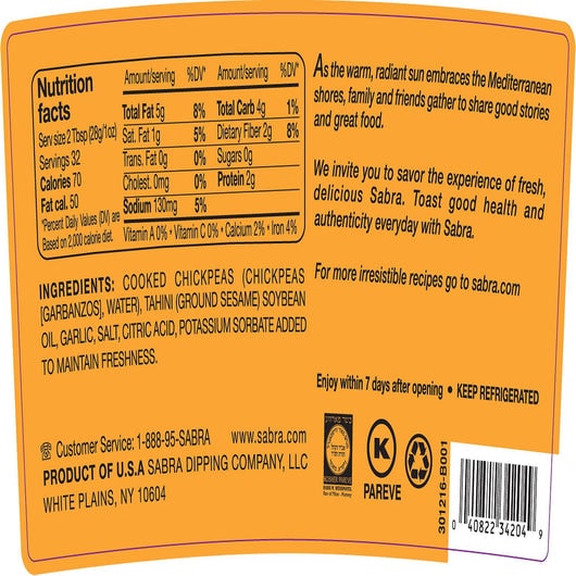 30 Sabra Hummus Nutrition Label