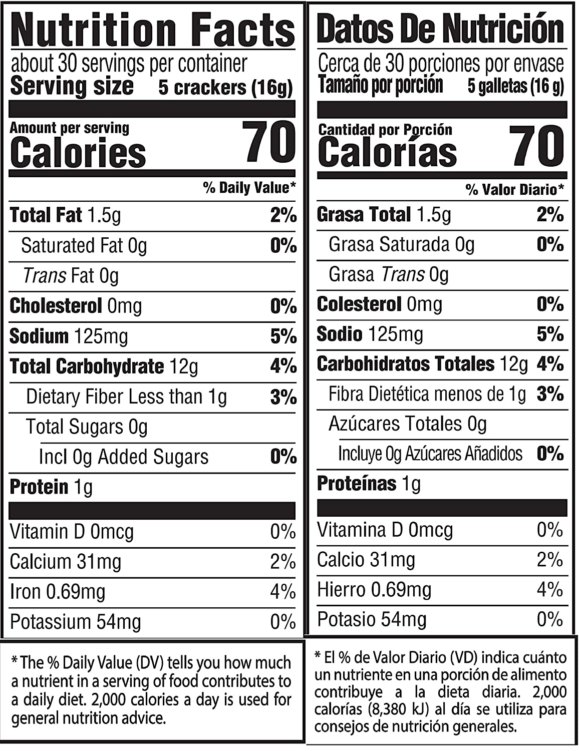 34 Saltine Crackers Nutrition Label
